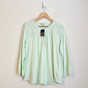 NWT Lucky Brand Embroidered V-Neck Long Sleeve Top Peasant Boho Mint Green, L